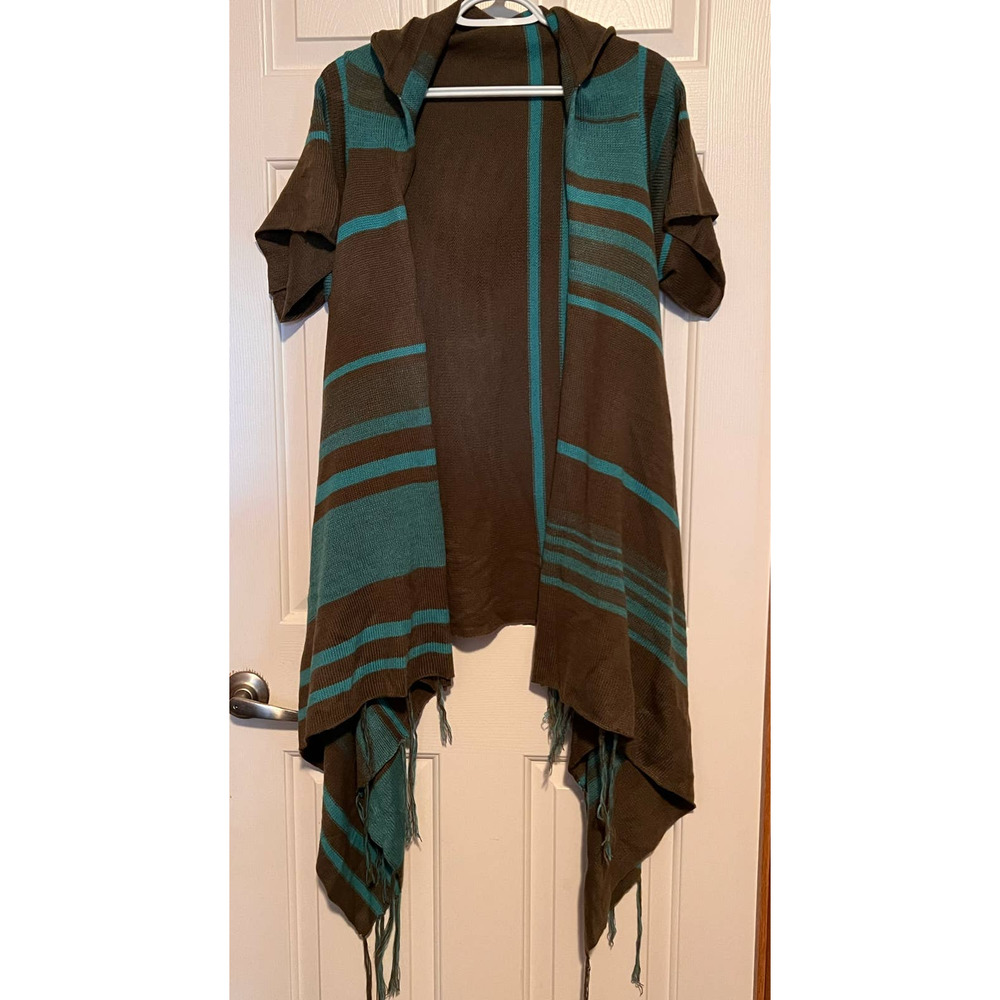 Bamboo Traders Women's Hooded Short Sleeve Green Gray Fringed Sweater Size M